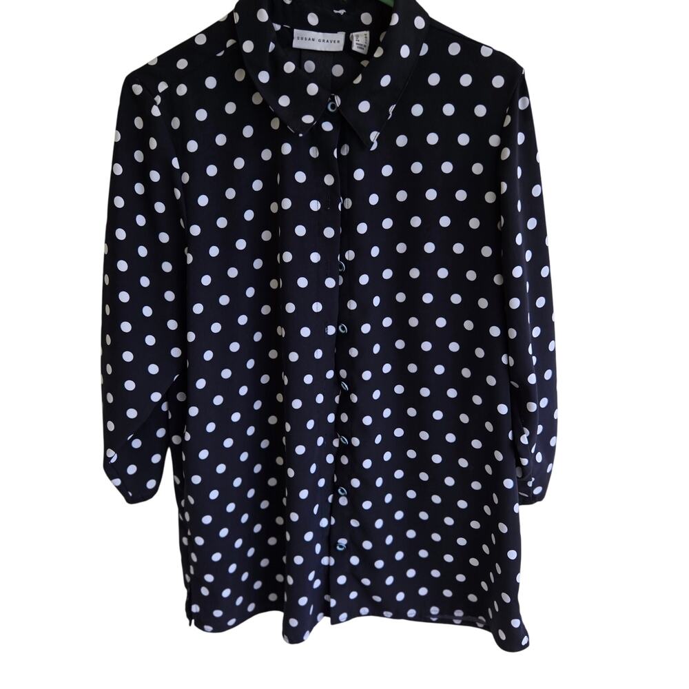 Susan Graver Women's Blouse Button Front Navy Blue White Polka Dots 3/4 Sleeve